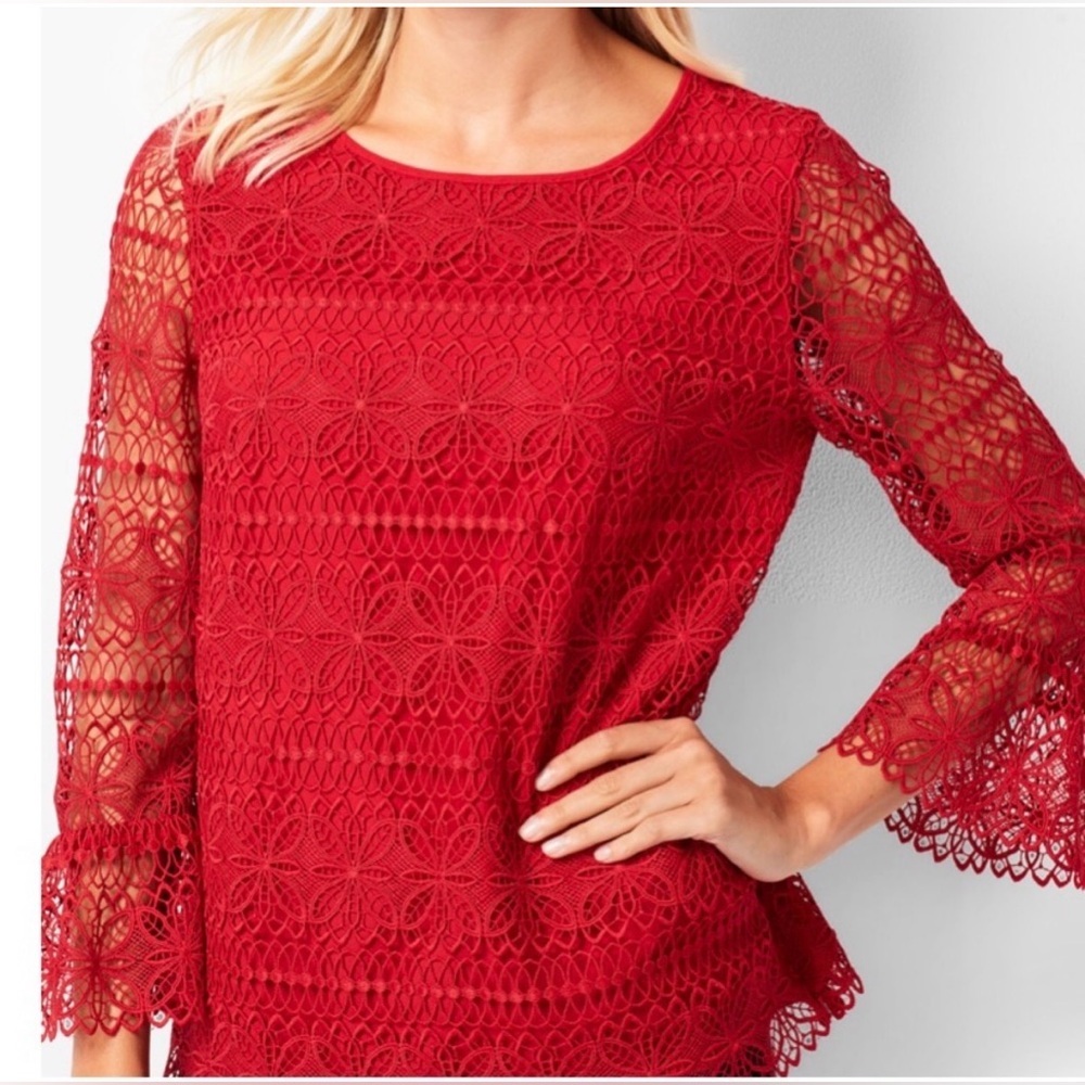 Talbots Embroidered Red Lace Blouse Bell Sleeves Size 2X Party Formal Romantic - Picture 2 of 14